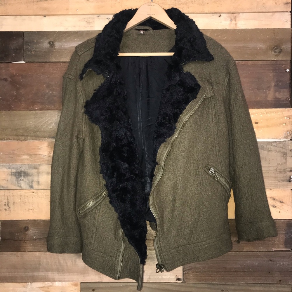 Free People Olive Wool Blend Utility Moto Motorcycle Military Bomber Jacket Coat - Picture 8 of 15
